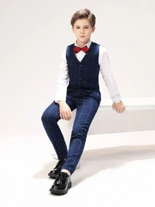 青少年男童西装网格两件套幼儿燕尾服礼服戒指持有人服装婚礼背心裤子正式西装儿童海军蓝尺码 6-14 岁 - 藏蓝色 - 查看 5