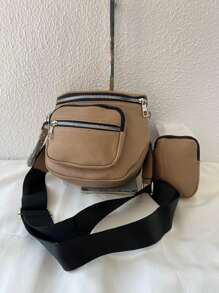 Women's Bag Kit With A Coin Purse Crossbody Bag Large Stylish Modern Blogger With Wide Strap In Pure Black - Camel - View 1