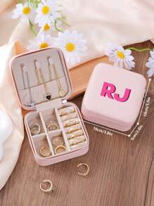 1pc Personalized 2D Initials Jewelry Box,Custom Colored Monogram Portable PU Leather Jewelry Storage Box For Travel,Ideal Gift For Halloween, Christmas, New Year,Young Girls,Mom,Birthday,Bridesmaid