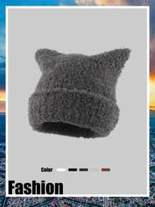 1pc Plush Cat Ear Knitted Beanie Hat, Warm Lined Autumn Winter Cute Earflap Cap Halloween - Multicolor - View 4