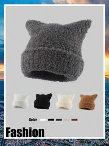 1pc Plush Cat Ear Knitted Beanie Hat, Warm Lined Autumn Winter Cute Earflap Cap Halloween - Multicolor - View 1