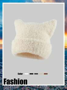 1pc Plush Cat Ear Knitted Beanie Hat, Warm Lined Autumn Winter Cute Earflap Cap Halloween - Multicolor - View 5