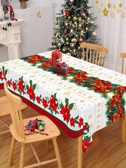 圣诞桌布长方形，圣诞红花格子，餐桌布，适合餐厅、派对和节日，圣诞装饰，适合家庭 2024 年礼物，2025 年新年，圣诞节