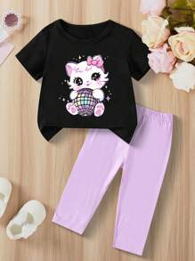 2pcs Baby Girl Cartoon Animal Print Short Sleeve T-Shirt And Casual Pants Set, Spring/Autumn - Purple - View 1