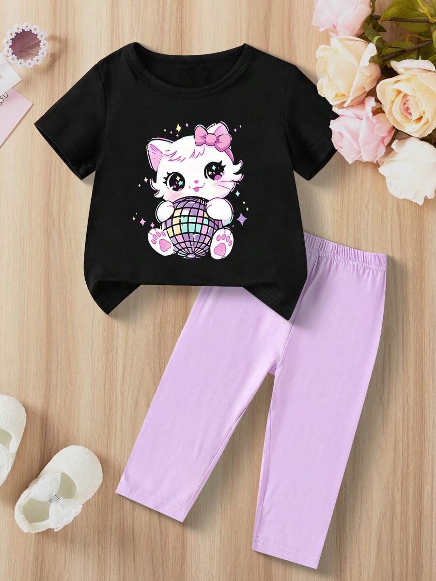2pcs Baby Girl Cartoon Animal Print Short Sleeve T-Shirt And Casual Pants Set, Spring/Autumn - Purple - View 1