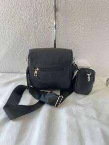 Women's Bag Kit With A Coin Purse Crossbody Bag Large Stylish Modern Blogger With Wide Strap In Pure Black - 黑色 - 查看 3