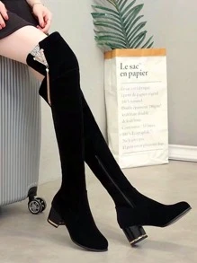 2023 Autumn And Winter New Plus Size Women's Long Boots With Sweater,  Suede Fabric, Chunky Heels, Pointed Toe, Side Zipper, Solid Color, High-Heeled Female Knight Boots - Black - View 2