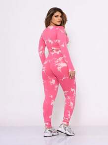 Seamless Butt Lift Tie Dye Gym Set High Waist Long Sleeve - Pink - View 4