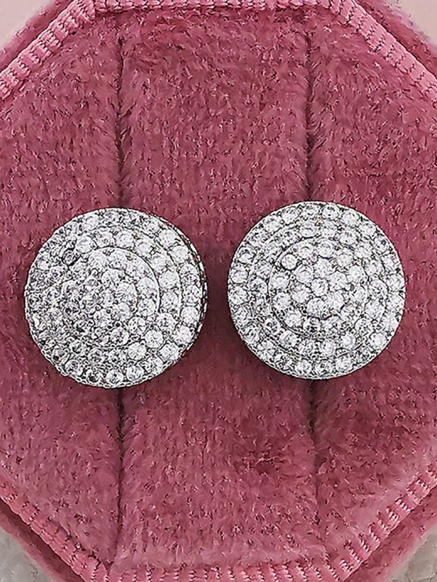 2pcs Copper Cubic Zirconia Round Stud Earrings, Elegant Design For Men's Daily Wear