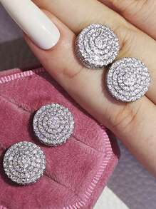 2pcs Copper Cubic Zirconia Round Stud Earrings, Elegant Design For Men's Daily Wear - Earrings - View 5