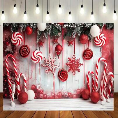 Tela de fondo multiusos con bastón rojo de caramelo para fiesta navideña - Hecha de material de poliéster, apta para fotografía y decoración, decoración navideña, decoración para fiesta de caramelos