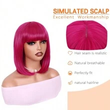 Hot Pink Wig With Bangs Hot Pink Wigs For Women 12 Inch Short Straight Bob Wig Synthetic Hair Colored Wigs For Cosplay Party - Hot Pink - View 2