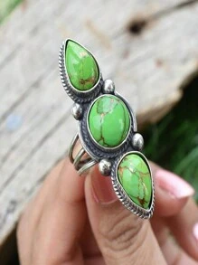 1 pieza Anillo de moda unisex elegante y vintage incrustado con 3 piedras de turquesa, perfecto para aniversarios, cumpleaños, festividades, fiestas