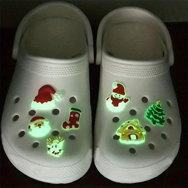 7pcs Luminous Christmas Shoe Charms Cartoon Glow In The Dark Santa Claus Christmas Tree Hats Snowman Shoe Decoration For Clog Sandals DIY Accessories