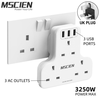 1pc Uk Plug Wall Socket With 3 Usb Ports, 3 Ac Power Outputs, Suitable For Multiple Devices To Use Simultaneously. Great For Home Or Office Use With Surge Protection.