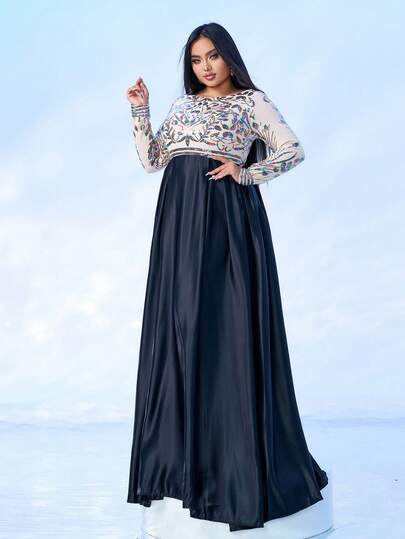 seomiscky Plus Size Long Sleeve Patchwork Fabric Maxi Formal Dress, Wedding Event Dress, Black Elegant Prom Evening Gown, For Wedding Guest, Graduation, Dinner