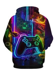 数码印花男士街头风连帽衫，袋鼠口袋赛博朋克风格游戏手柄设计，秋冬季休闲运动连帽卫衣，适合户外活动，是馈赠佳品。 - 彩色 - 查看 2