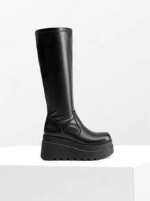 Women's Platform Heel Knee High Boots Round Toe Side Zipper Fashionable Punk Goth Boots - 黑色/PU - 查看 7