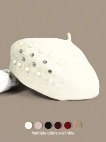 1顶纯色复古优雅奢华休闲羊毛水钻珍珠贝雷帽，秋冬时尚优雅刺绣艺术家帽，网眼南瓜帽