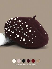 1顶纯色复古优雅奢华休闲羊毛水钻珍珠贝雷帽，秋冬时尚优雅刺绣艺术家帽，网眼南瓜帽