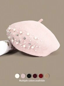 1顶纯色复古优雅奢华休闲羊毛水钻珍珠贝雷帽，秋冬时尚优雅刺绣艺术家帽，网眼南瓜帽