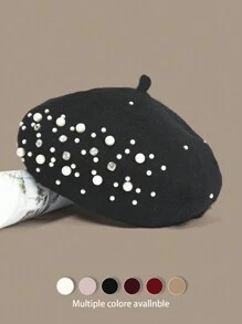 1顶纯色复古优雅奢华休闲羊毛水钻珍珠贝雷帽，秋冬时尚优雅刺绣艺术家帽，网眼南瓜帽