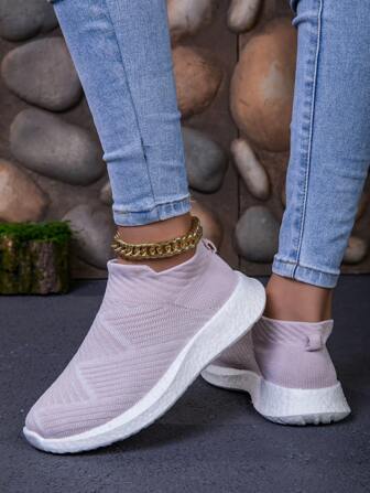 New Fashionable Women's Lightweight Comfortable Knitted Silver Yarn Slip-On Casual Sporty Shoes