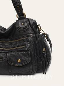 STEPHIECATHY Solid Color Washed PU Leather, Zipper Closure, Multi-Pocket Design, Women's Shoulder Crossbody Bag, Casual & Practical, Suitable For Daily Life - Black - View 7