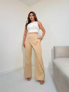 Women's Pleated Pants With Plain Front/DD058 - 米色 - 查看 3