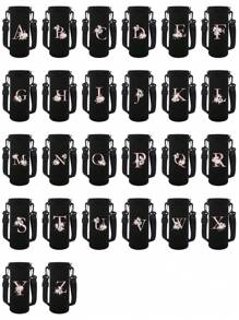 1个粉色花卉字母印花保温水瓶套，适用于550ml/750ml/1000ml/1500ml水瓶，采用防水尼龙材质，配有可调节束带，适合徒步旅行、露营和运动。 - 黑色 - 查看 3