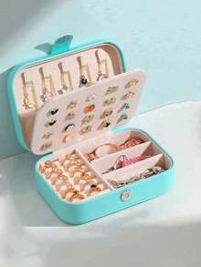 1 件长方形 PU 珠宝收纳盒，便携式珠宝盒，化妆托盘，夏季旅行珠宝盒，便携式多隔层旅行珠宝展示盒，收纳礼盒，简易翻盖，防水大容量，适用于戒指、项链、耳环、手表、口红等珠宝收纳，卧室配饰，户外旅行用品，带纽扣开合，优雅的国际风格，适合旅行和家居使用，适合女孩、礼物、假日旅行 - 藍色 - 查看 5