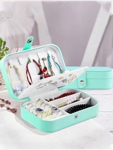 1 件长方形 PU 珠宝收纳盒，便携式珠宝盒，化妆托盘，夏季旅行珠宝盒，便携式多隔层旅行珠宝展示盒，收纳礼盒，简易翻盖，防水大容量，适用于戒指、项链、耳环、手表、口红等珠宝收纳，卧室配饰，户外旅行用品，带纽扣开合，优雅的国际风格，适合旅行和家居使用，适合女孩、礼物、假日旅行 - 藍色 - 查看 6