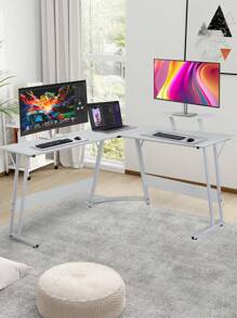Corner Computer Desk,L Shaped Desk,Gaming Desk With Large Monitor Stand & Carbon Fiber Surface, Home Office Study Writing Workstation,Space-Saving - 白色 - 查看 2