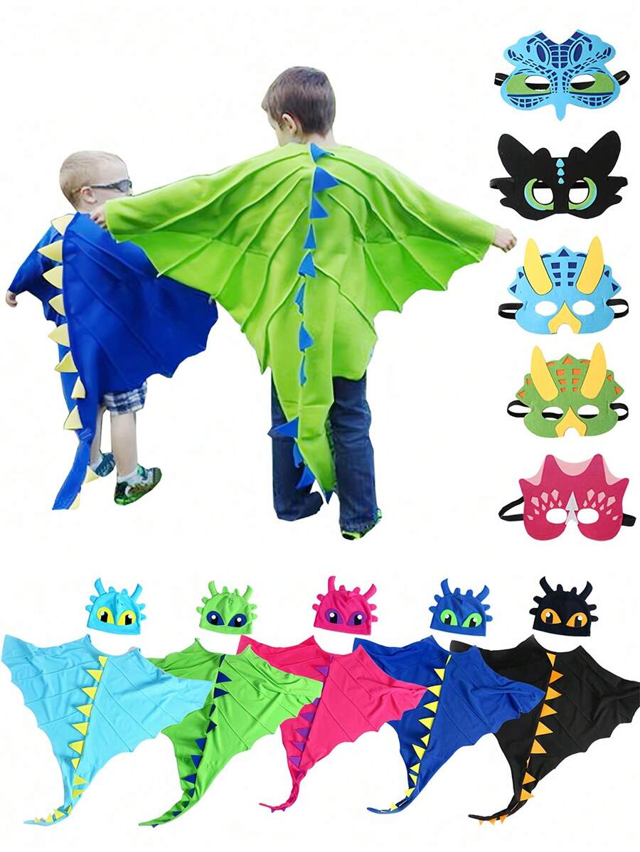 Umhang, Hut, Maske für Weihnachts-/Halloween-Party-Kostüm - Dinosaurier-Element, Kinderfestival-Aufführungsschal-Outfit, Urlaubsparty-Cosplay-Kostüm, Festivalgeschenke für Weihnachts- und Neujahrs-Kostüme für Kinder, Halloween-Kostüm für Kinder, Kinderkostüm - Verschiedenfarbig - Übersicht 1