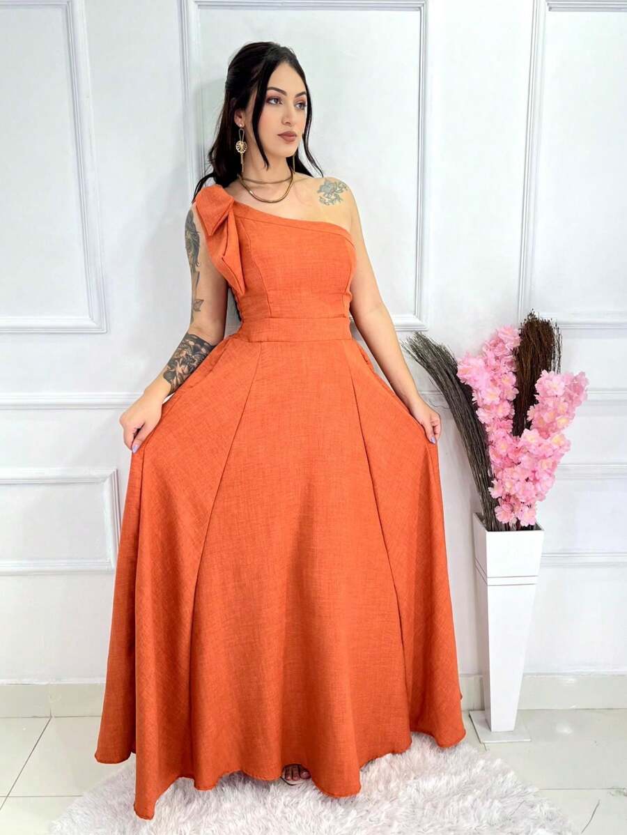 Long Plain Duna Linen Dress With Bow One Shoulder - 亮橙色 - 查看 1