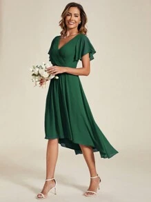 优雅V领荷叶边袖不对称下摆深绿色伴娘礼服/婚礼宾客礼服 - 墨綠色 - 查看 5