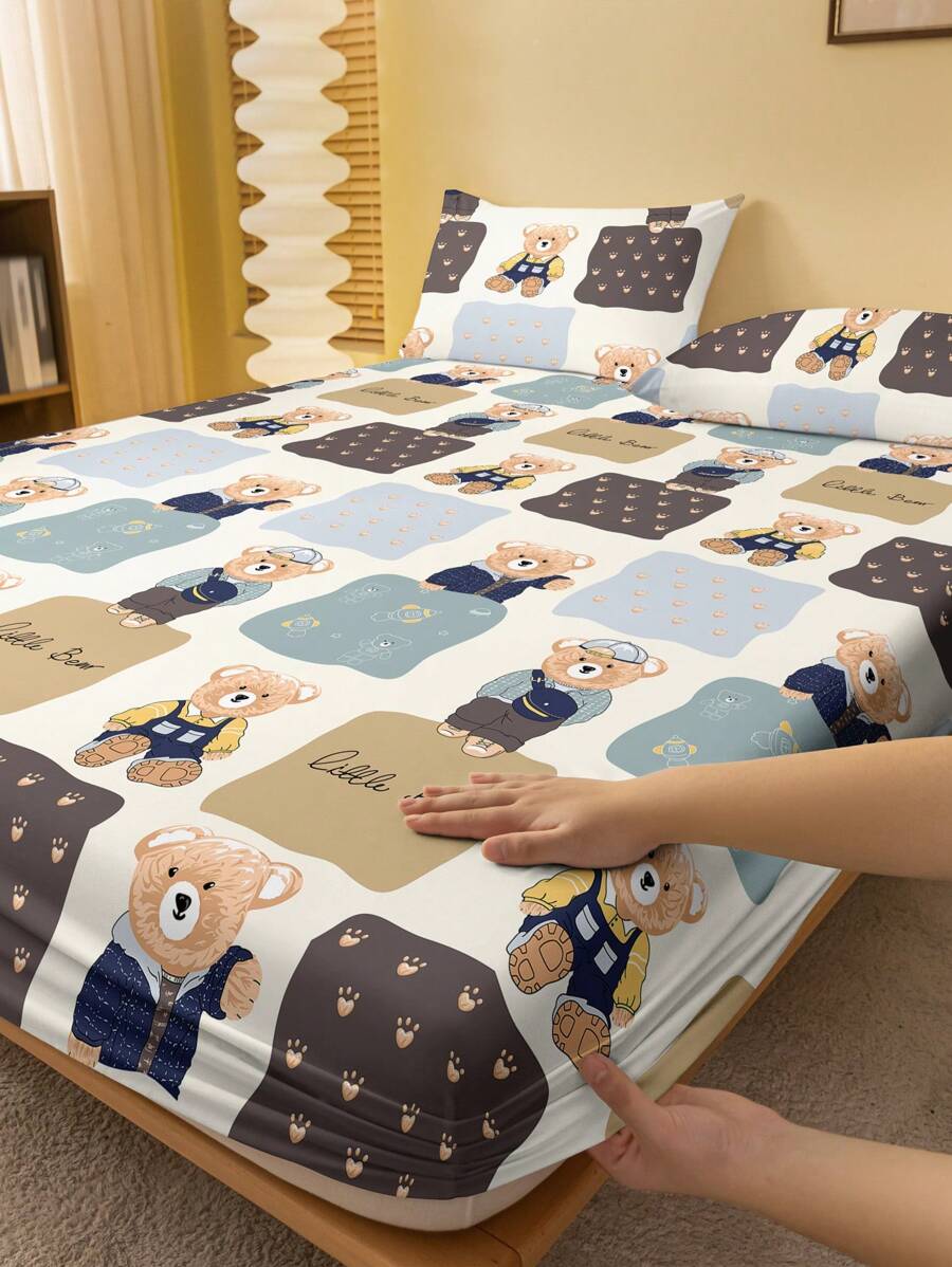 1pc Cartoon Bear Print Fitted Sheet, Soft Microfiber Bedding Cover, Bedroom Home Decor (Pillow Case Not Included) - Multicolor - View 1