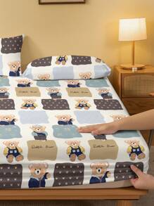 1pc Cartoon Bear Print Fitted Sheet, Soft Microfiber Bedding Cover, Bedroom Home Decor (Pillow Case Not Included) - Multicolor - View 4
