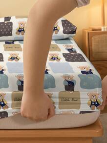 1pc Cartoon Bear Print Fitted Sheet, Soft Microfiber Bedding Cover, Bedroom Home Decor (Pillow Case Not Included) - Multicolor - View 5