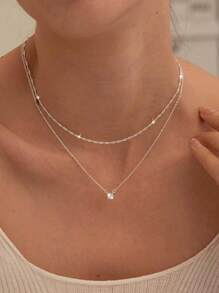 时尚 Ins 风格双层堆叠项链，金色波纹链和 O 形链锁骨链项链，单方晶锆石吊坠项链，简约百搭女士多层项链 - 兩條項鍊套裝 - 查看 3