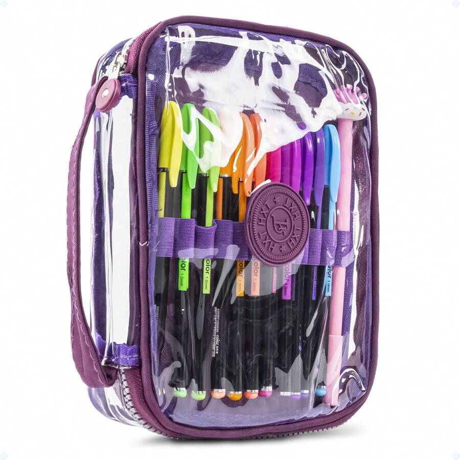 School Pencil Case Transparent Square School Organizer Box With Strap 100 Pens Necessaire Bag Women Men - 紫色 - 查看 1