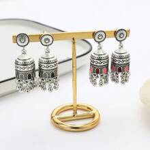 1pair New Bohemian  Alloy Bell Earrings With  Vintage Carved Pendant