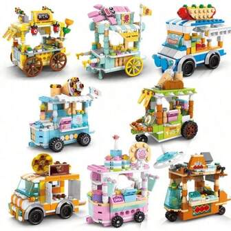 1 BAG Small Particles City Street View Series Takeaway Car Food Truck Tricycle Auto Retail Store Vehicle Building Blocks Bricks Model Toys For Girl 6+(No Box) Christmas Gifts Color Block Color Blocks