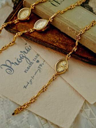 1 件全新法国复古金色小表盘时尚简约优雅奢华小巧防水女士石英表，适合日常、晚会等场合