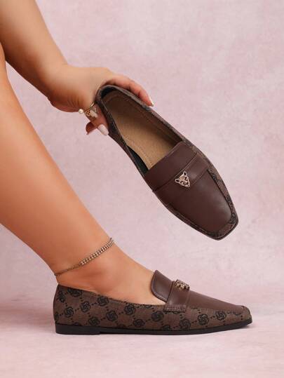 宽版女式超宽鞋头复古花卉印花乐福鞋，带金属扣，舒适休闲玛丽珍鞋