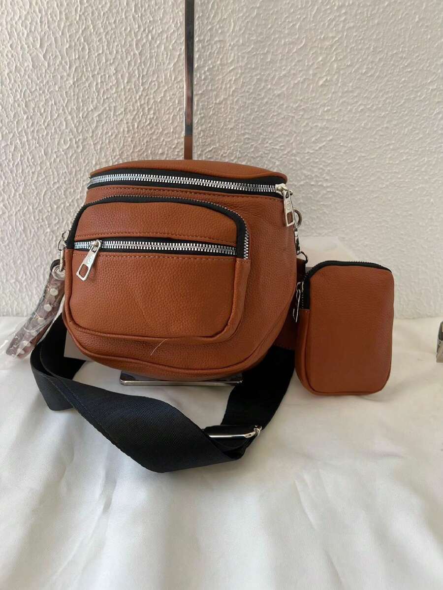 Women's Bag Kit With A Coin Purse Crossbody Bag Large Stylish Modern Blogger With Wide Strap In Pure Black - Brown - View 1