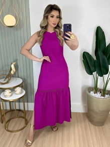 Long Women's Dress With Lace Cutout On The Side - Rose Red - View 1