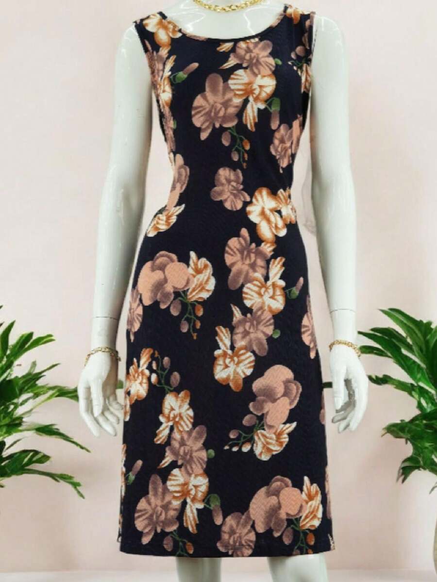 THAI BOUTIQUE - Vestido Azul Marino con Estampado de Flores Rosa Quemada - Azul Marino - Ver 1
