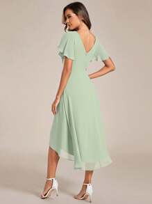 Elegant Sage Green Asymmetric Hem Ruffle Sleeve V-Neck Formal Bridesmaid Dress, Midi Length Wedding Guest Dress - Mint Green - View 3