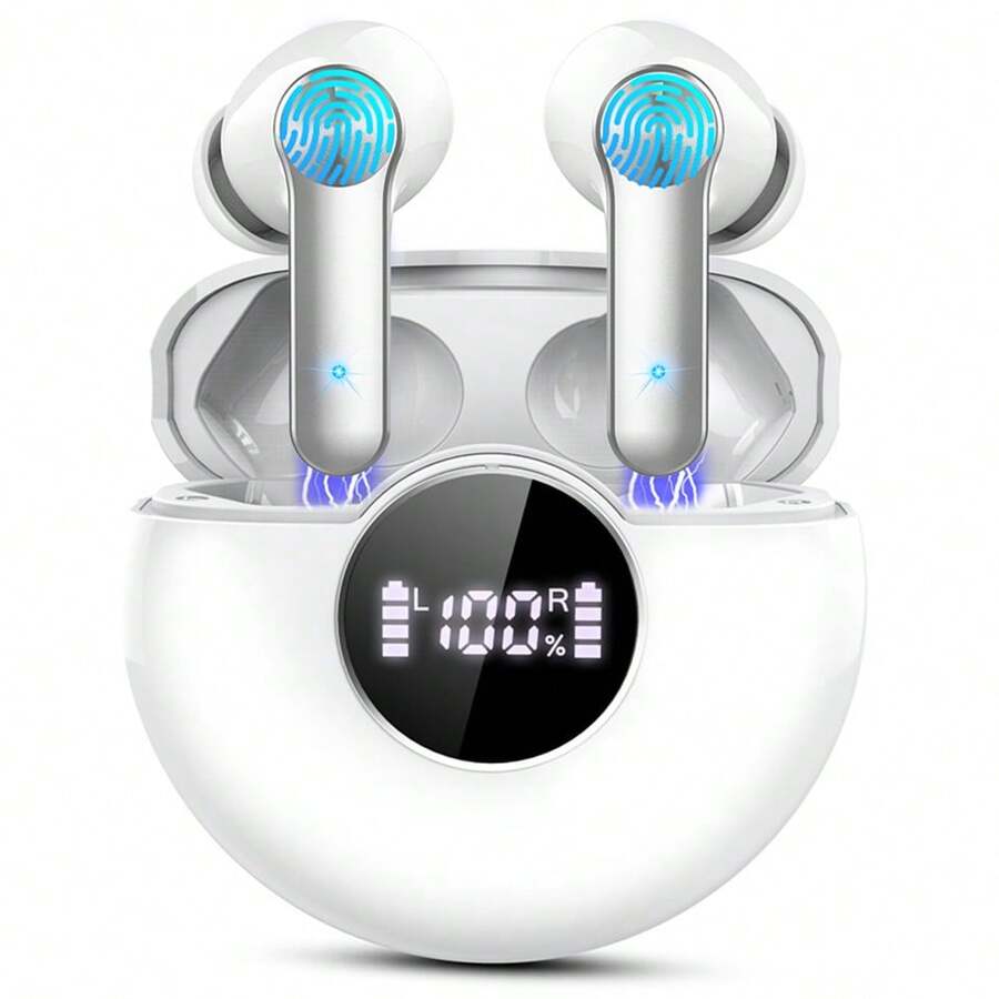 Wireless Earbuds,Bluetooth Headphones 5.3 With LED Power Display Charging Case 48Hrs Playtime HiFi Stereo Earphones,In-Ear Built-In Mic For IPhone Android Cell Phone HD Call,Ear Buds Earhooks For Workout ﻿ For Apple IPhone, IPad, Laptops, Gifts For Family, Friends, Kids, Hallowoon, Fall - White - View 1